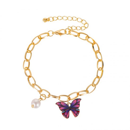 Dreamy Colorful Butterfly Bracelet with Creative Pearl Chunky Chain – Stylish and Elegant Statement Jewelry