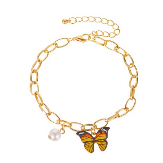 Dreamy Colorful Butterfly Bracelet with Creative Pearl Chunky Chain – Stylish and Elegant Statement Jewelry