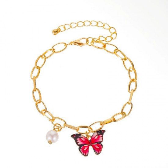 Dreamy Colorful Butterfly Bracelet with Creative Pearl Chunky Chain – Stylish and Elegant Statement Jewelry