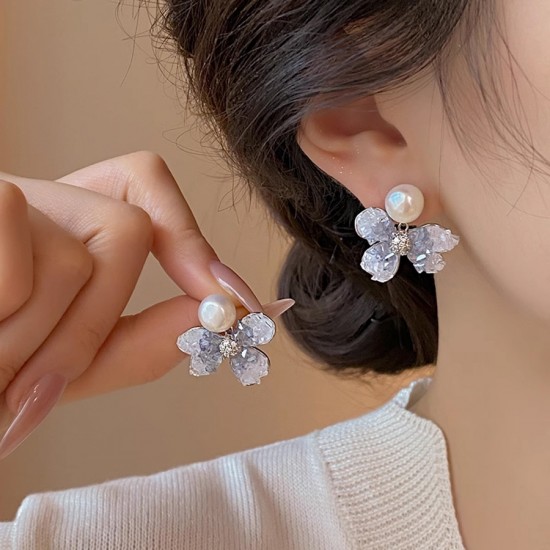 925 Sterling Silver Crystal Flower Pearl Earrings