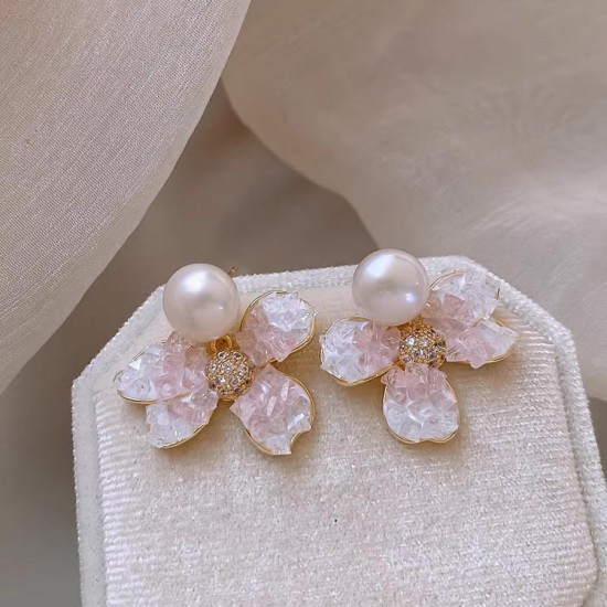 925 Sterling Silver Crystal Flower Pearl Earrings