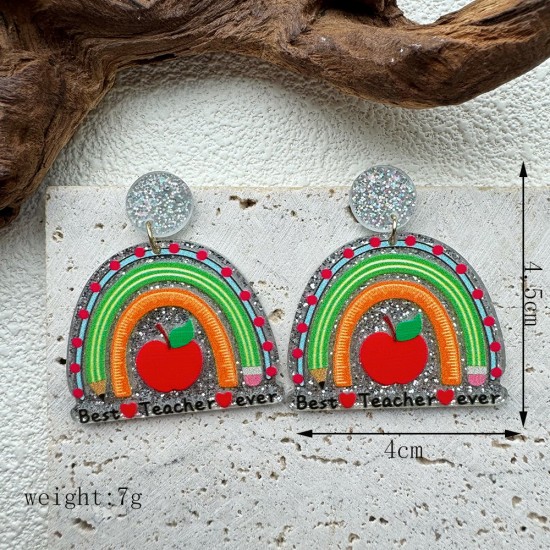 Back to School Rainbow Apple Studs Earrings, Acrylic Pencil and Book Drop Earrings