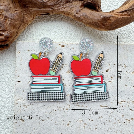 Back to School Rainbow Apple Studs Earrings, Acrylic Pencil and Book Drop Earrings