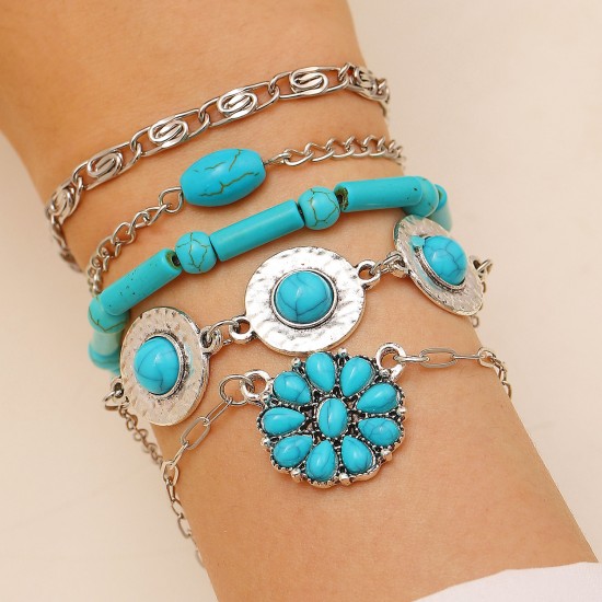 Bohemian Turquoise Bracelet Set, Open Cuff Bangle Multi-Piece Set