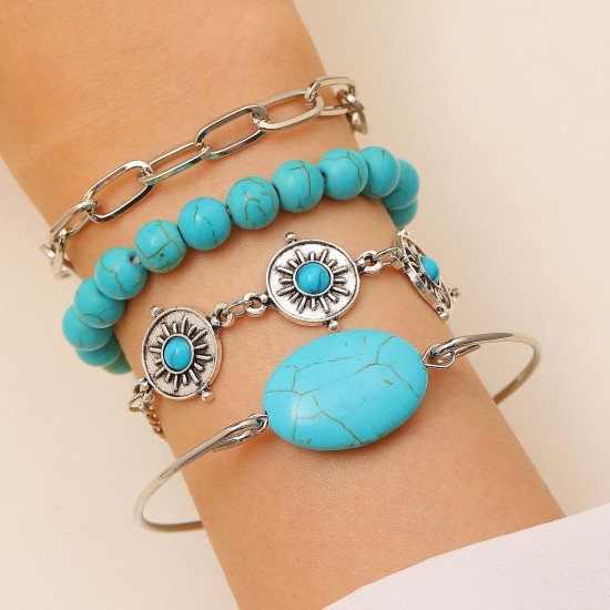 Bohemian Turquoise Bracelet Set, Open Cuff Bangle Multi-Piece Set