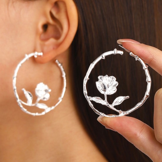 Chic Alloy Openwork Flower Hoop Earrings Elegant Design Jewelry