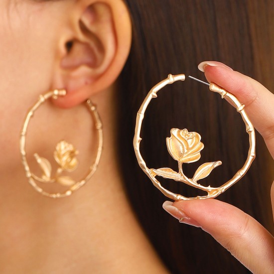 Chic Alloy Openwork Flower Hoop Earrings Elegant Design Jewelry