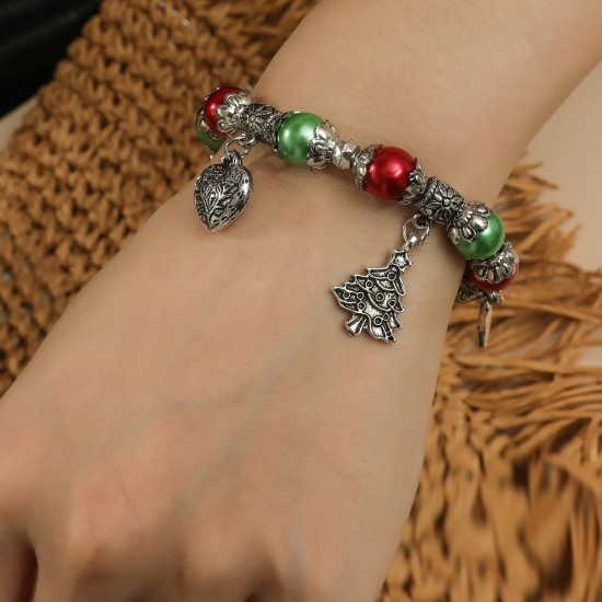 Colorful Crystal Beaded Christmas Tree Snowman Heart Pendant Bracelet