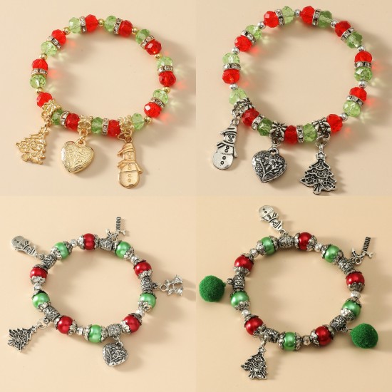 Colorful Crystal Beaded Christmas Tree Snowman Heart Pendant Bracelet