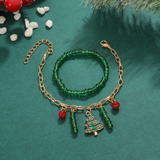 Colorful Crystal Beaded Christmas Tree Snowman Heart Pendant Bracelet