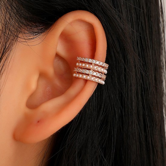 Copper Pearl Cartilage Earrings with Diamond Layers, No Piercing Ear Cuff, Unique Single Ear Accessory