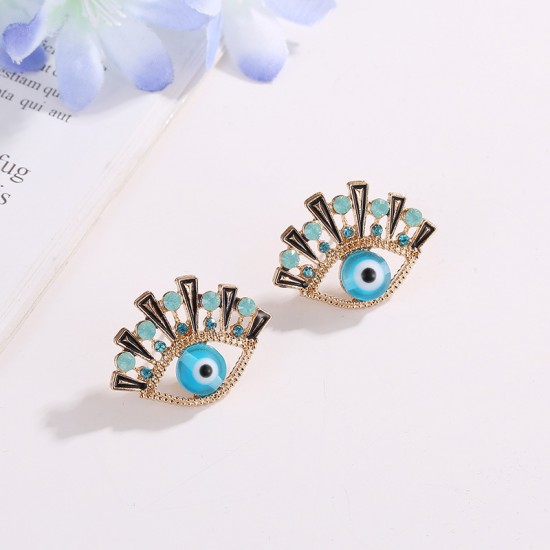 Creative New Fashion Blue Eye Earrings with Rhinestone Detailing, Elegant Eye Studs and Drop Earrings