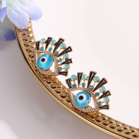 Creative New Fashion Blue Eye Earrings with Rhinestone Detailing, Elegant Eye Studs and Drop Earrings