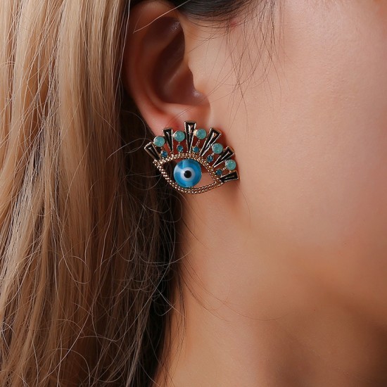 Creative New Fashion Blue Eye Earrings with Rhinestone Detailing, Elegant Eye Studs and Drop Earrings