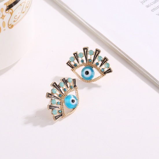 Creative New Fashion Blue Eye Earrings with Rhinestone Detailing, Elegant Eye Studs and Drop Earrings