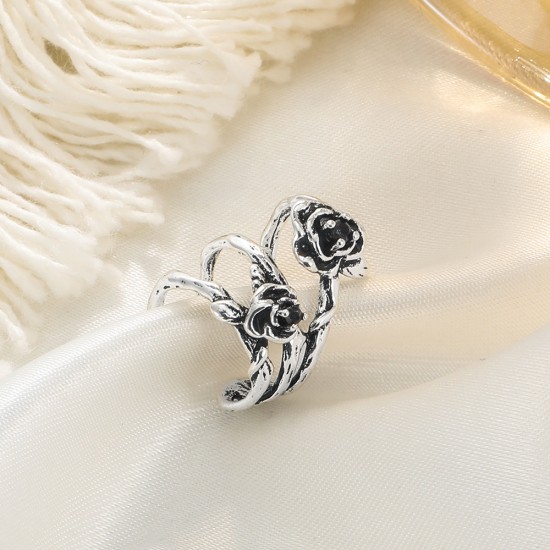 Dark Thorn Rose Ear Cuff No Piercing, Vintage Silver Fashion Cartilage Earring