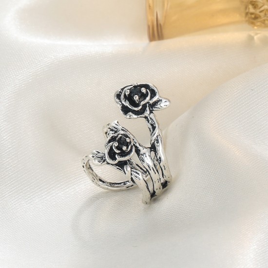 Dark Thorn Rose Ear Cuff No Piercing, Vintage Silver Fashion Cartilage Earring