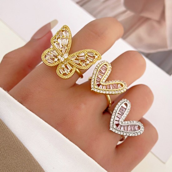 Diamond Butterfly Adjustable Open Ring, French Luxury Hollow Heart Index Finger Ring