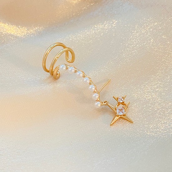 Diamond-Studded Four-Point Star Ear Cuffs - No Piercing Pearl Cartilage Earrings