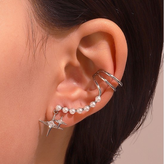 Diamond-Studded Four-Point Star Ear Cuffs - No Piercing Pearl Cartilage Earrings