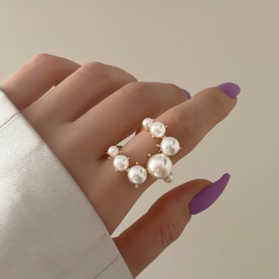 Double Layer Pearl Ring, Unique Design Geometric Alloy Open Finger Ring, Fashion Statement Piece