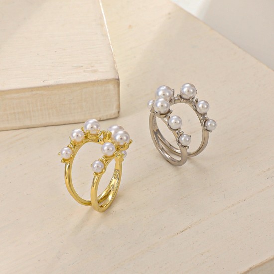 Double Layer Pearl Ring, Unique Design Geometric Alloy Open Finger Ring, Fashion Statement Piece