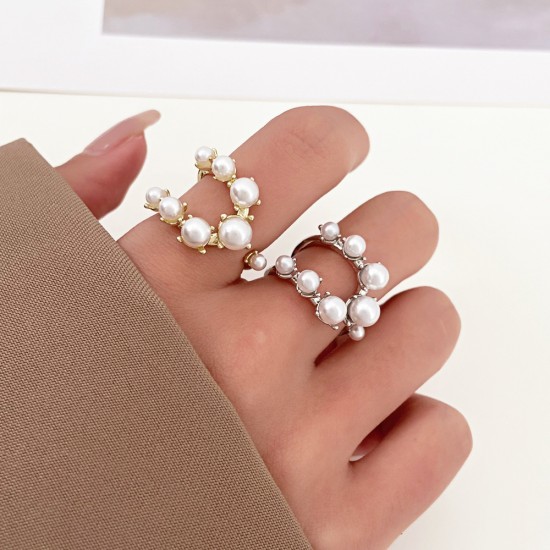 Double Layer Pearl Ring, Unique Design Geometric Alloy Open Finger Ring, Fashion Statement Piece