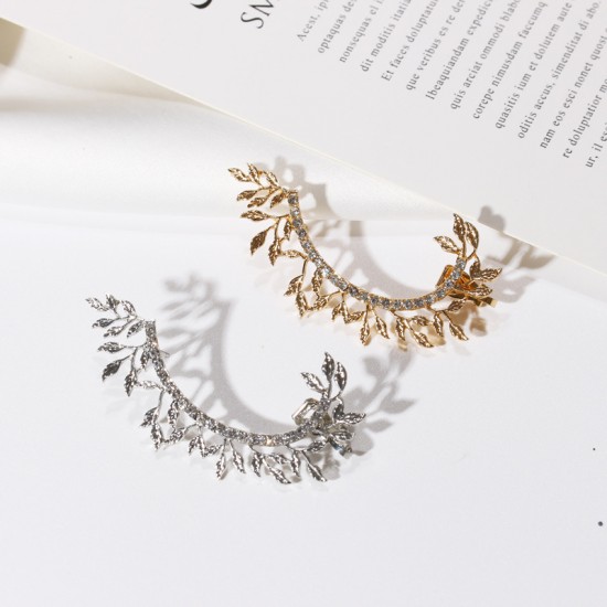 Elegant Leaf Cartilage Earrings with Rhinestones, Creative Single Ear Cuff