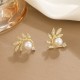 Exquisite Leaf Pearl Stud Earrings, Fashionable and Elegant Diamond-Embedded Leaf Design, Unique Jewelry for Women