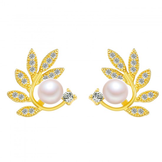 Exquisite Leaf Pearl Stud Earrings, Fashionable and Elegant Diamond-Embedded Leaf Design, Unique Jewelry for Women