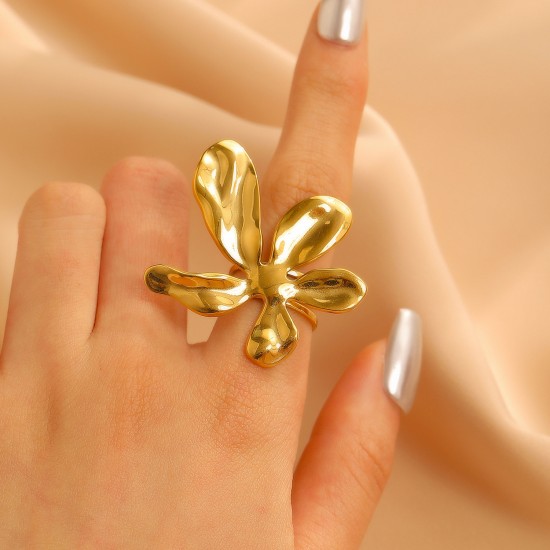 Gold Flower Ring, Bold Unique Stainless Steel Luxury Statement Jewelry