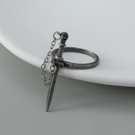 Gothic Dark Cross Sword Ring with Skull Tassel Chain