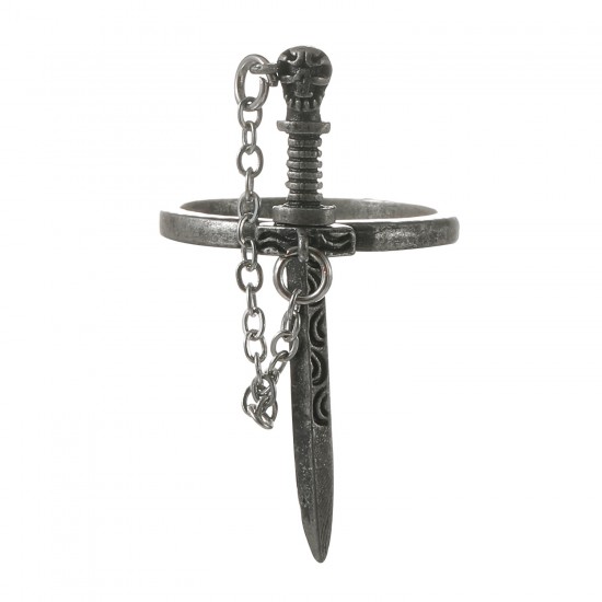 Gothic Dark Cross Sword Ring with Skull Tassel Chain