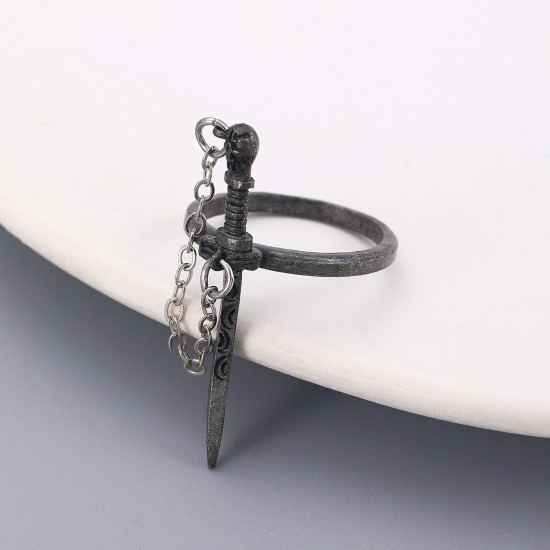 Gothic Dark Cross Sword Ring with Skull Tassel Chain