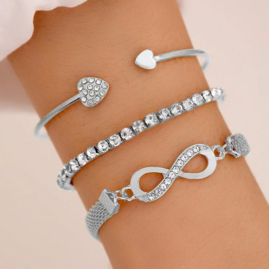 Heart Open Cuff Bracelet, Lucky Infinity Symbol 8 Bracelet Set with Diamond Inlays