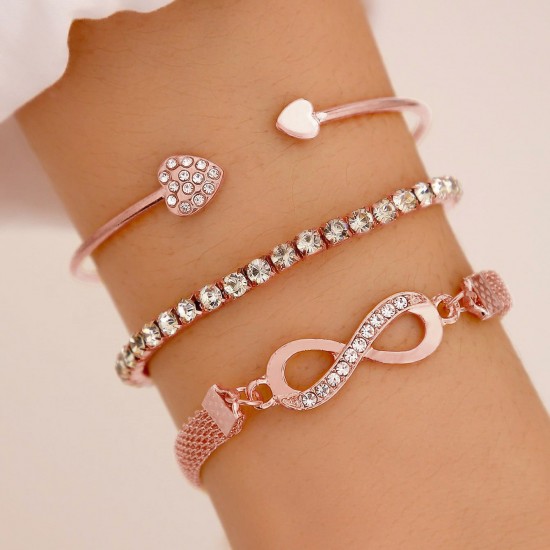 Heart Open Cuff Bracelet, Lucky Infinity Symbol 8 Bracelet Set with Diamond Inlays