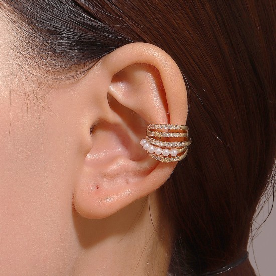 Layered Copper Rhinestone Ear Clip, Pearl Geometric Cartilage Earring, No Piercing Design