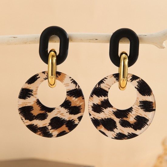 Maillard Vintage Leopard Print Hollow Geometric Hoop Earrings - Polymer Clay Earrings