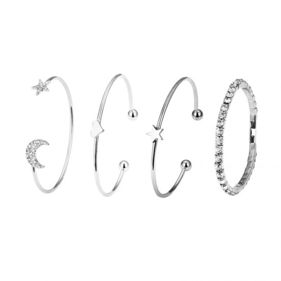 Minimalist Chic Star and Moon Diamond-Studded Heart & Star Bangle Set – 4-Piece Bracelet Set