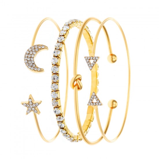 Minimalist Chic Star and Moon Diamond-Studded Heart & Star Bangle Set – 4-Piece Bracelet Set