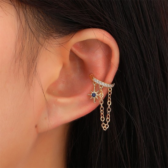 Minimalist Zircon Star Chain Cartilage Earring, Fashionable Copper Inlaid No-Pierce Ear Cuff