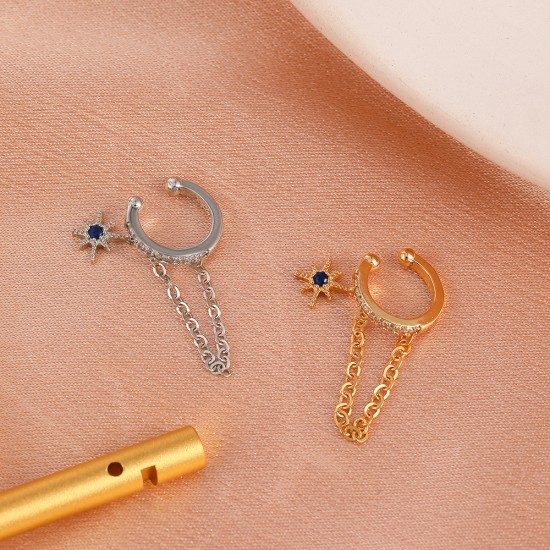 Minimalist Zircon Star Chain Cartilage Earring, Fashionable Copper Inlaid No-Pierce Ear Cuff