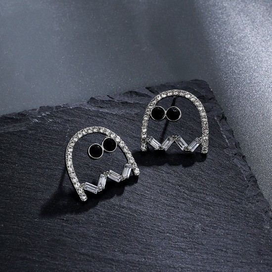 New Halloween Ghost Stud Earrings, Creative Diamond-Studded Hollow Black Ghost Earrings, Holiday Ear Studs