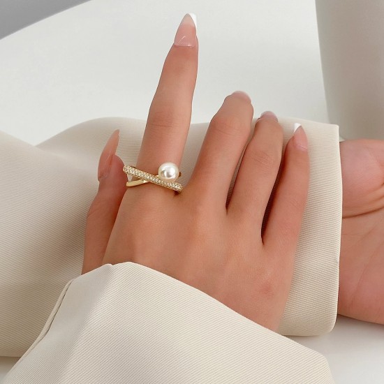 Pearl Geometric Open Ring, Fashionable Cross X Letter Design with Cubic Zirconia for Statement Finger Ring