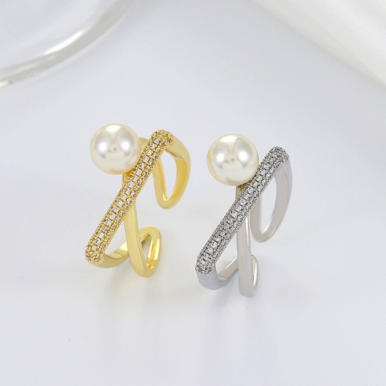 Pearl Geometric Open Ring, Fashionable Cross X Letter Design with Cubic Zirconia for Statement Finger Ring