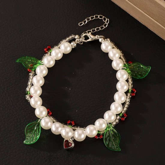 Sweet Cherry Bracelet with Small Pearls & Faux Pearl Heart for Women