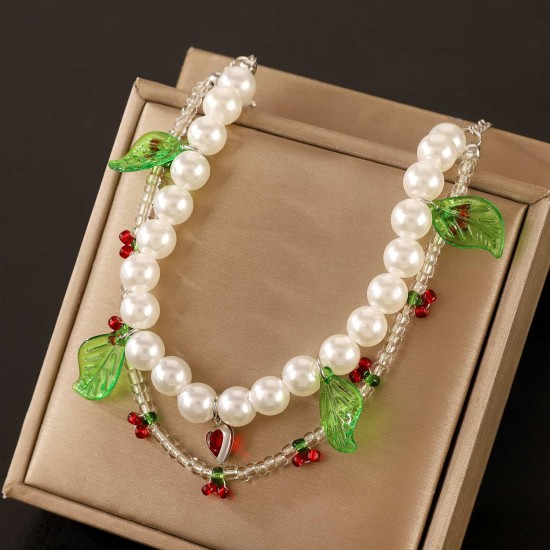 Sweet Cherry Bracelet with Small Pearls & Faux Pearl Heart for Women