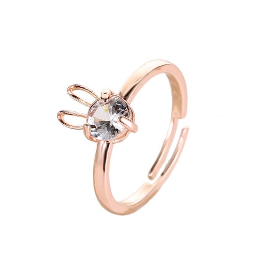 Rabbit Copper Ring with Zircon Stone Adjustable Open Design, Stylish and Versatile