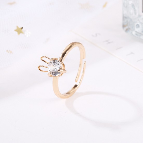 Rabbit Copper Ring with Zircon Stone Adjustable Open Design, Stylish and Versatile