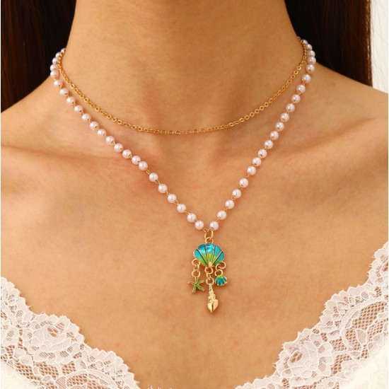 Shell Starfish Layered Necklace Set - Cute Cartoon Style, Multi-Layered Choker, Ocean & Holiday Vibes